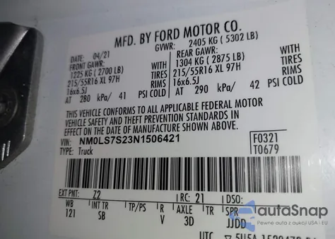 2022 Ford Transit Connect Xl Cargo Van из США, поврежденный, VIN NM0LS7S23N1506421